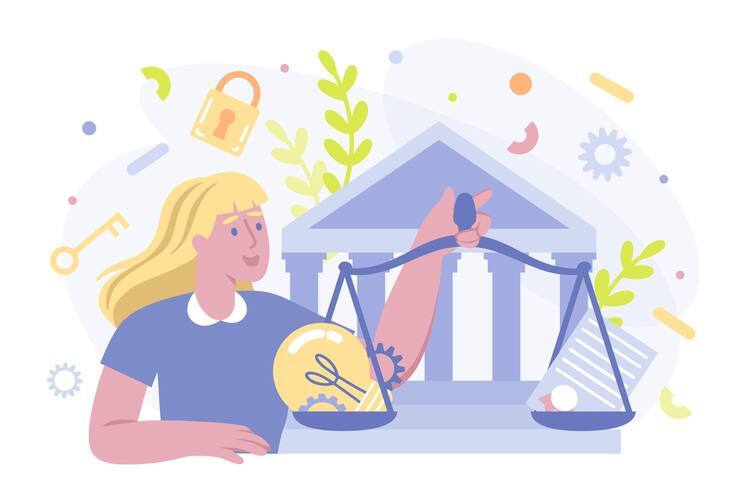 Illustration einer Frau mit Waage vor Gerichtsgebäude – Sinnbild für rechtssichere SEO: Balance zwischen Datenschutz/Compliance und Website-Performance bei eRock Marketing.