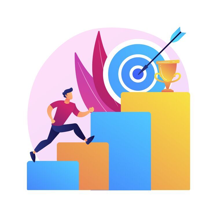 Illustration: Person steigt Balkendiagramm hoch Richtung Zielscheibe mit Pfeil und Trophäe – Symbol für SEO-Erfolg und Wachstum durch eRock Marketing.