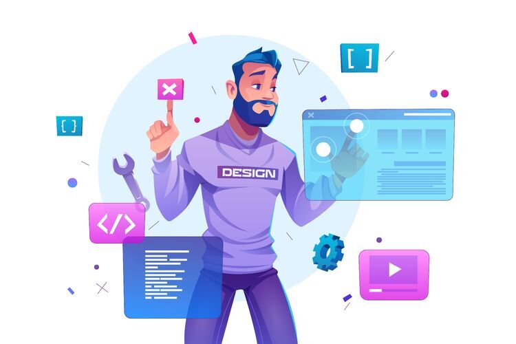 Illustration eines Designers, der mit UI-Elementen, Code-Symbolen und Werkzeugen interagiert – Darstellung moderner Webentwicklung und Interface-Design.
