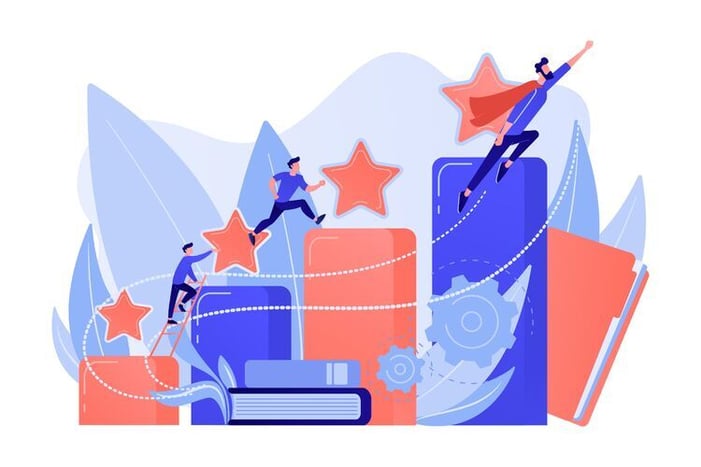 Illustration Steps mit Mann der darauf hochspringt und dann final wegfliegt.