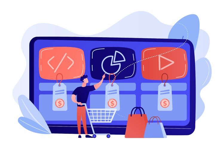 Mann mit Einkaufswagen wählt digitale Produkte auf einem großen Bildschirm aus, dargestellt durch Symbole für Code, Analyse und Video.