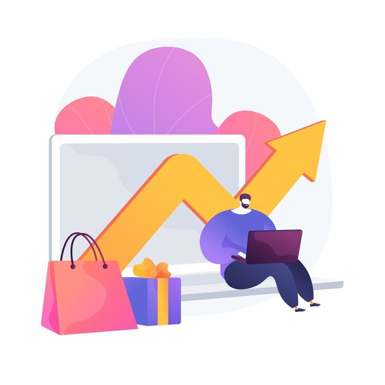Illustration einer Person mit Laptop vor einem Bildschirm mit aufsteigender Wachstumskurve, umgeben von Einkaufstasche und Geschenk – Symbol für eCommerce-Wachstum.