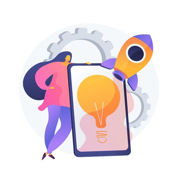 Illustration von Smartphone mit Glühbirne, Rakete und Zahnrädern – Symbol für digitale Innovation, SEO-Strategie und erfolgreiche Website-Launches bei eRock Marketing.