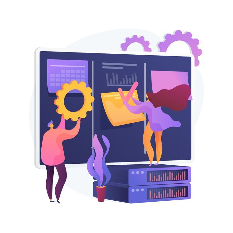 Das Bild zeigt eine Person, die mit einem großen, farbenfrohen Bildschirm interagiert, auf dem Diagramme und Grafiken dargestellt sind. Die Person bedient ein Zahnrad mit einem Rastermuster, was Daten oder Mechanik symbolisieren könnte.