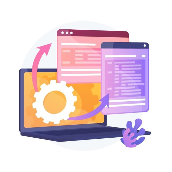 Laptop mit UI-Fenstern, Code und Zahnrad für Softwareentwicklung und Automatisierung Laptop mit UI-Fenstern, Code und Zahnrad für Softwareentwicklung und Automatisierung