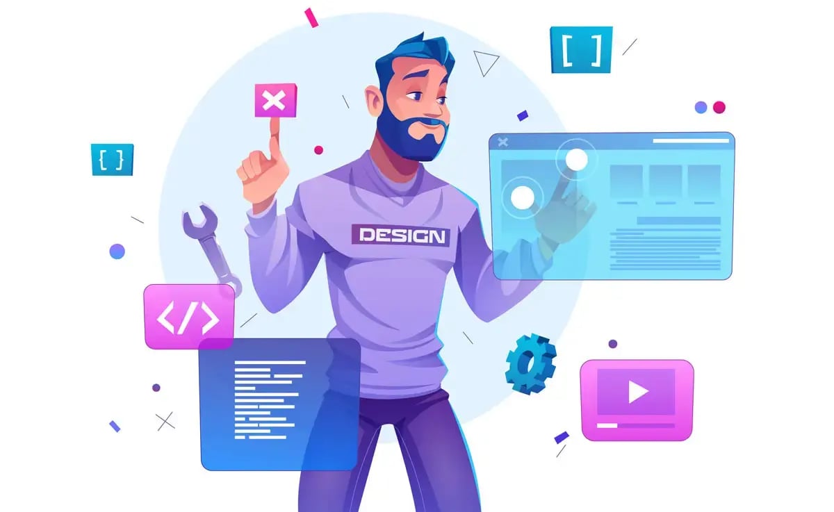 Illustration eines Designers mit 'DESIGN'-Shirt, der mit schwebenden UI-Elementen und Code-Blöcken interagiert. Symbole wie Zahnräder, eine Videodatei und eine Werkzeugschraube stehen für Webentwicklung und UI/UX-Design.