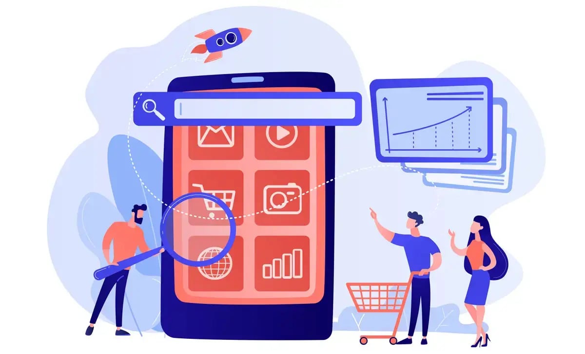 "Illustration eines großen Smartphones mit Suchleiste und Icons für Shopping, Analyse und Medien. Eine Person untersucht das Display mit einer Lupe, während ein Paar mit Einkaufswagen diskutiert. Diagramme und eine Rakete symbolisieren digitales Wachstum, Online-Suche und E-Commerce.