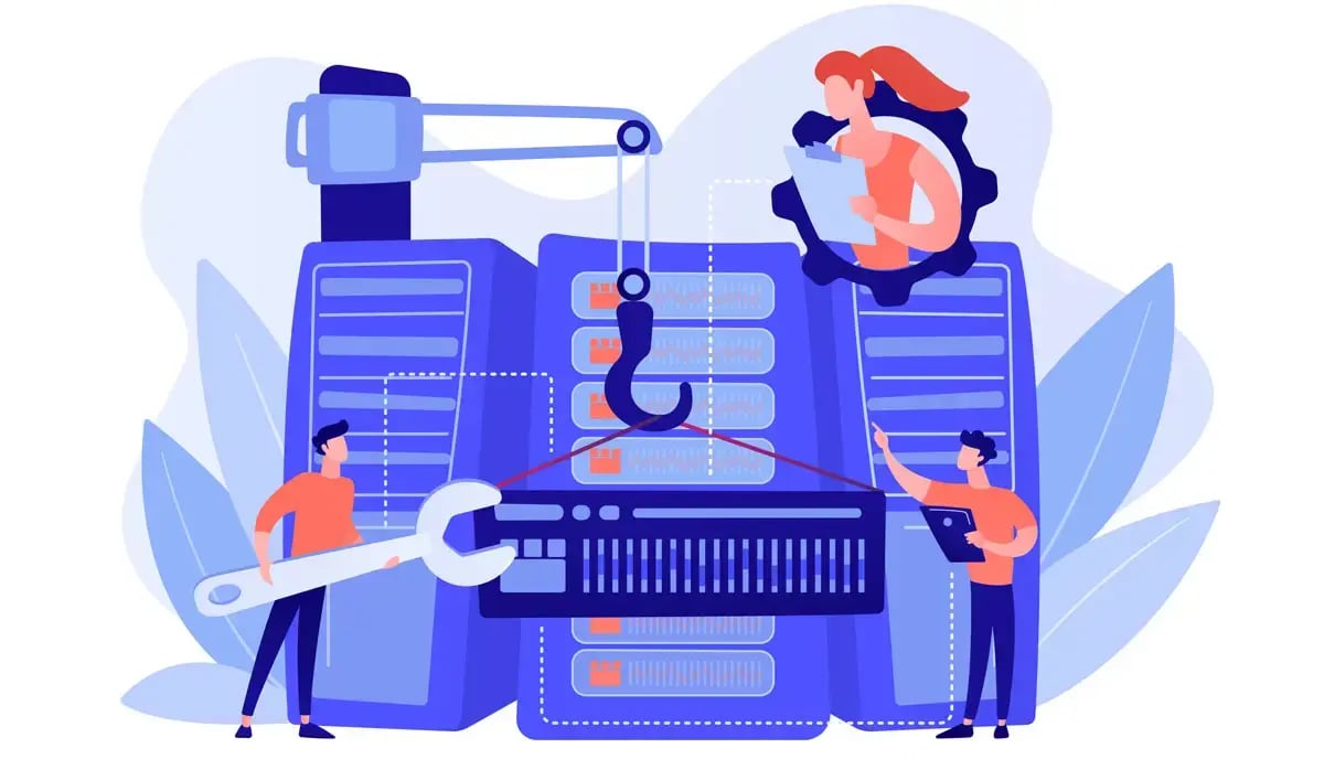 Illustration von Technikern, die mit großen Servern arbeiten. Ein Kran hebt ein Server-Element, eine Person hält eine Checkliste, eine andere ein Tablet. Symbolisiert IT-Infrastruktur, Serverwartung und Datenmanagement.