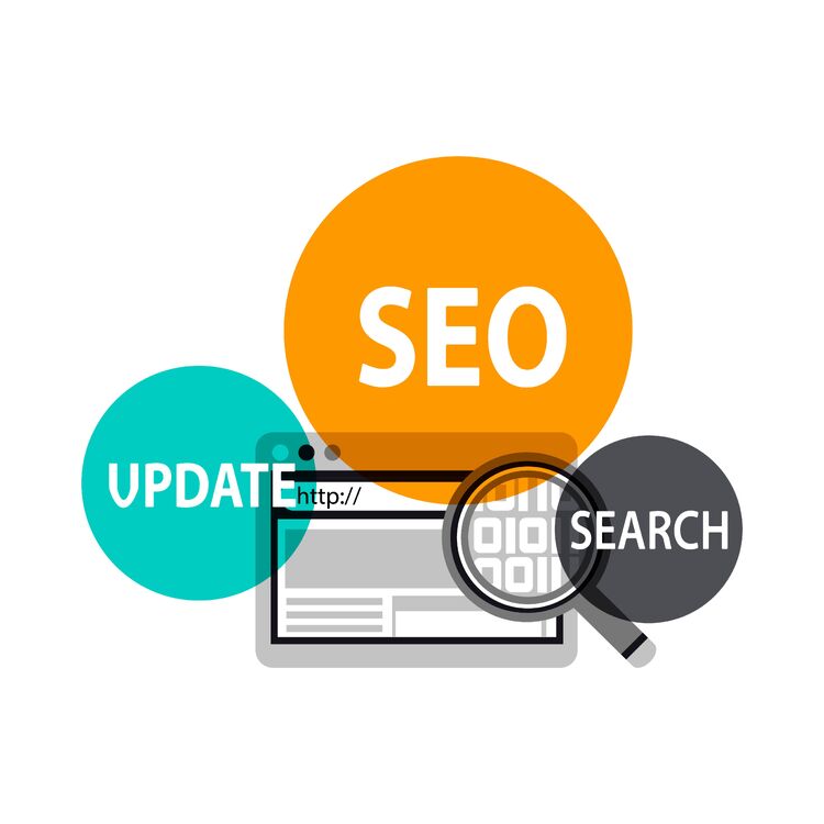 Illustration zu SEO mit Browserfenster, Update-Hinweis, Suchlupe und Suchbegriffen.