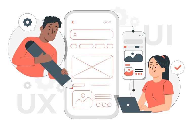 Zwei Personen gestalten eine mobile App-Oberfläche und arbeiten gemeinsam an UI- und UX-Design-Elementen.
