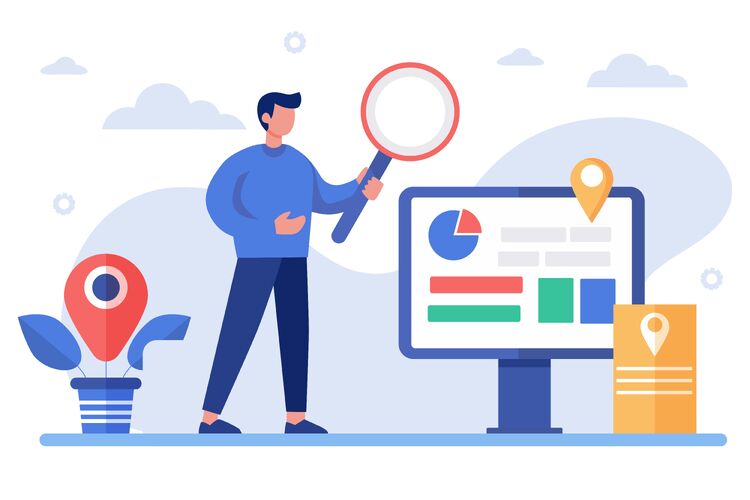 Illustration einer Person mit Lupe vor einem Monitor mit Diagrammen und Standortsymbolen, als Darstellung für Analyse und Lokalisierung.