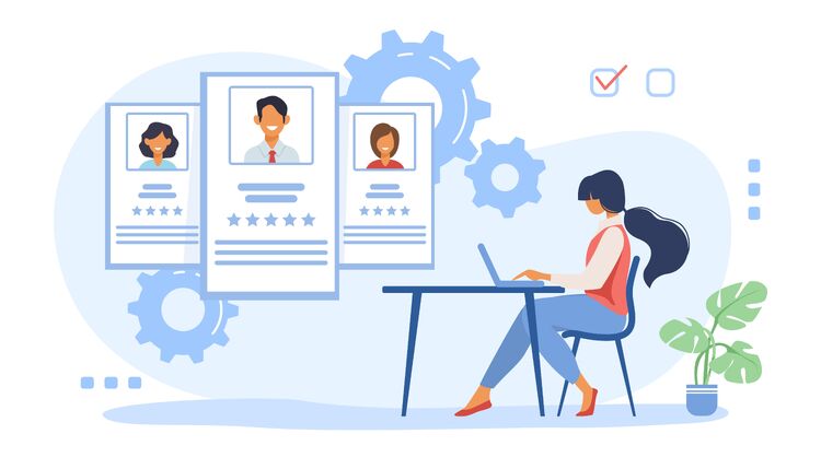 Illustration Recruiting &amp; Teamaufbau: Person am Laptop wählt Bewerberprofile aus – Symbol für Personalgewinnung, Hiring-Prozesse und Wachstum bei eRock Marketing.