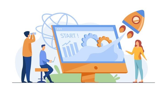 Illustration Rakete die aus einem Bildschirm startet