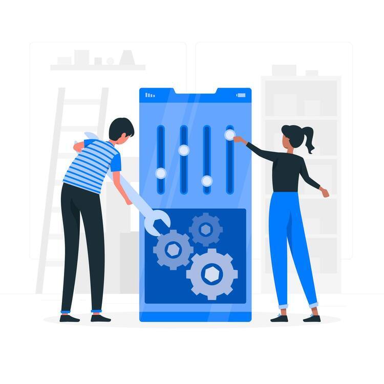 Illustration zweier Personen, die Einstellungen und Zahnräder an einem großen digitalen Bedienpanel anpassen – Symbol für Systemoptimierung.