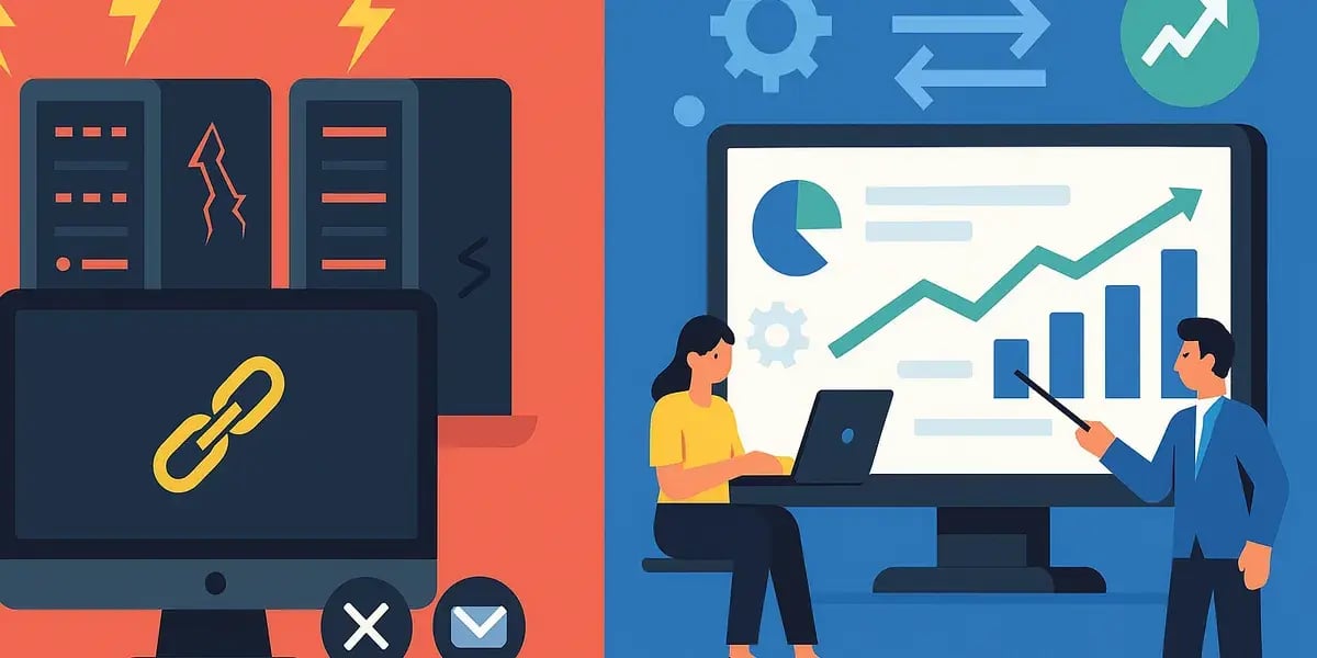 Geteilte Illustration: links gestörte Server und Ketten-Symbol, rechts Team vor einem Analytics-Dashboard mit aufsteigendem Diagramm.