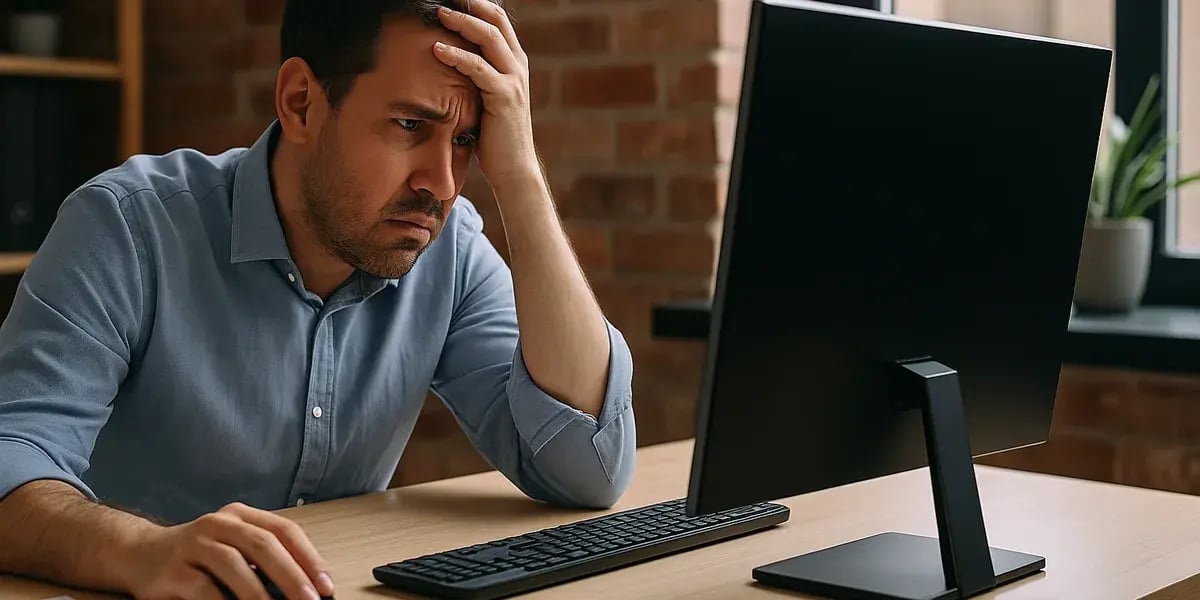 Mann am Schreibtisch schaut besorgt auf einen Computerbildschirm in modernem Büro.