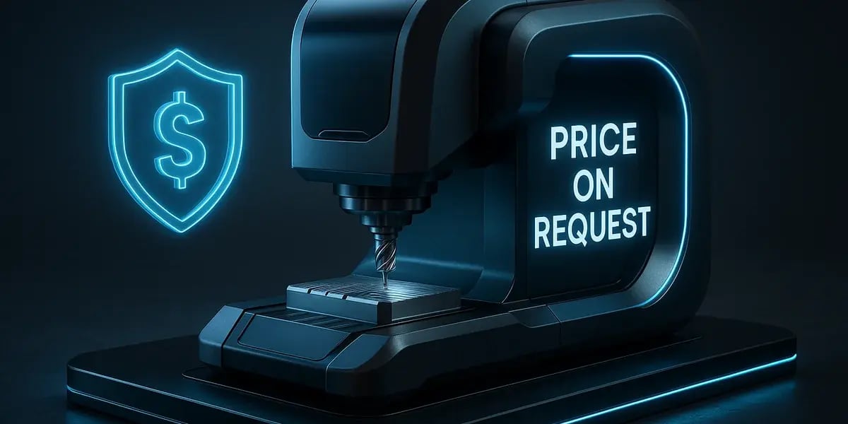 3D-Visualisierung einer modernen CNC-Maschine mit Leuchtsymbol für Preis auf Anfrage.