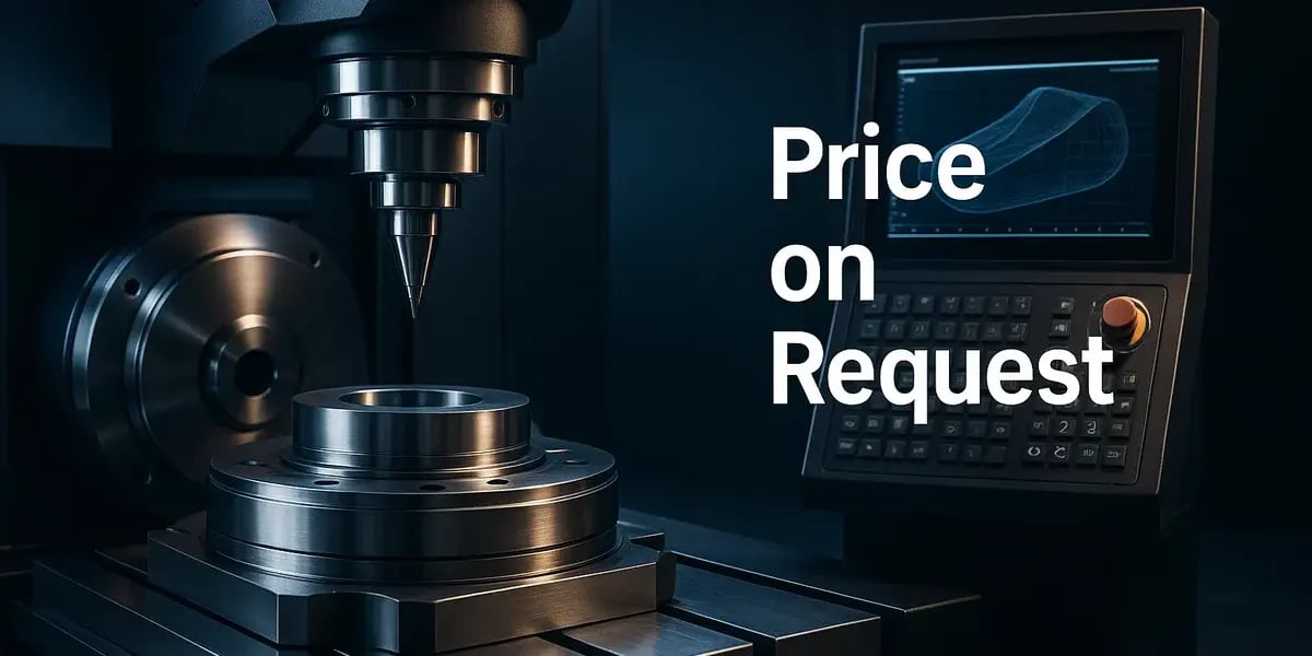 Nahaufnahme einer CNC-Fräsmaschine mit Bildschirmanzeige und dem Text „Price on Request“.