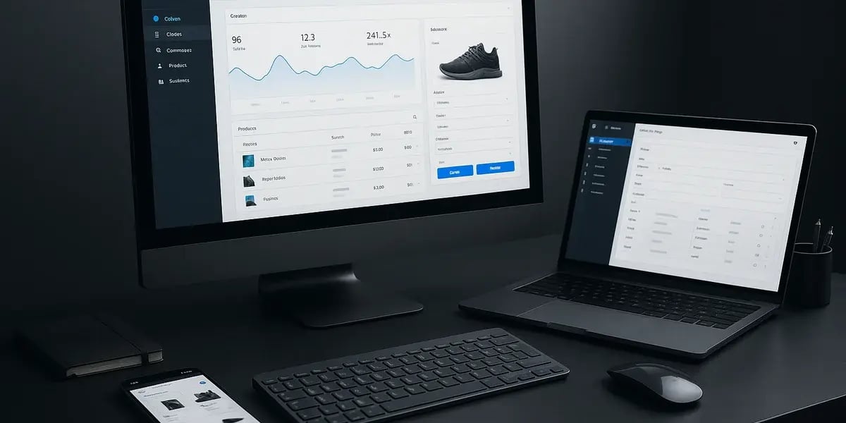 Arbeitsplatz mit mehreren Bildschirmen, die Online-Shop-Analysen und Produktverwaltung darstellen.