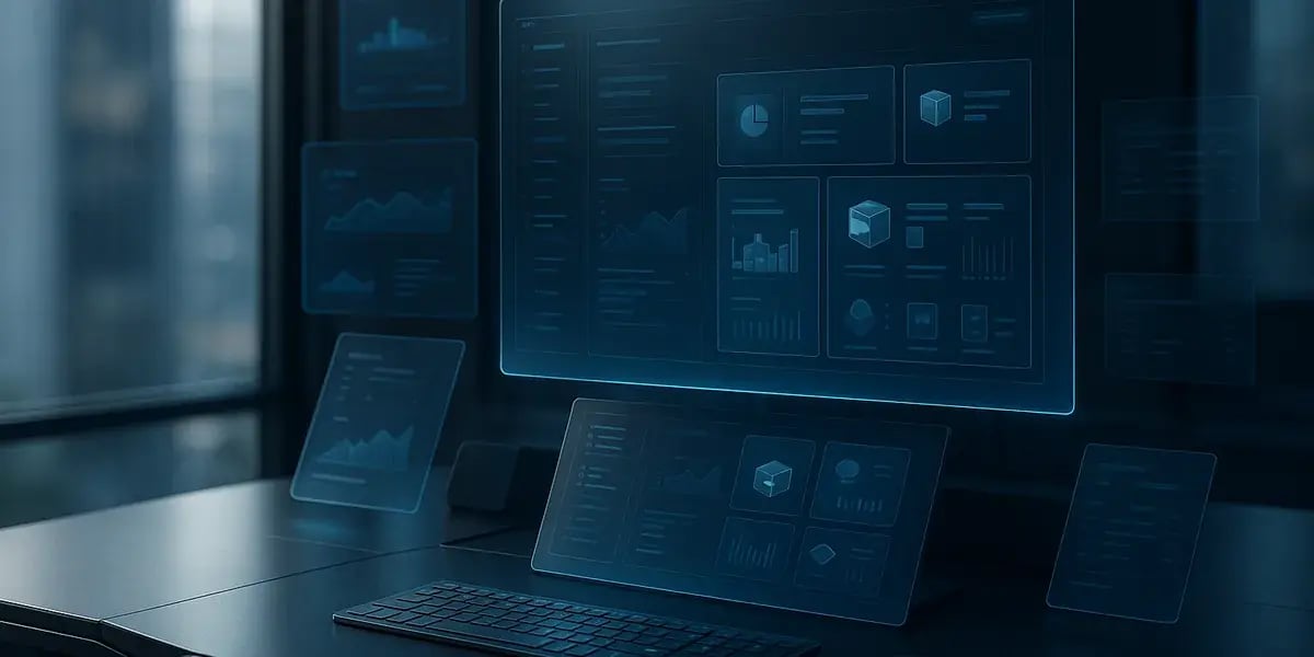 Futuristische, schwebende Analyse- und Dashboard-Panels über einem Schreibtisch in blauer, dunkler Tech-Atmosphäre.