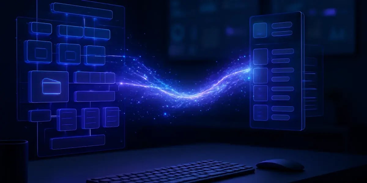 Leuchtende blaue Daten-/UI-Panels, verbunden durch einen energieartigen Datenstrom über einem dunklen Schreibtisch.