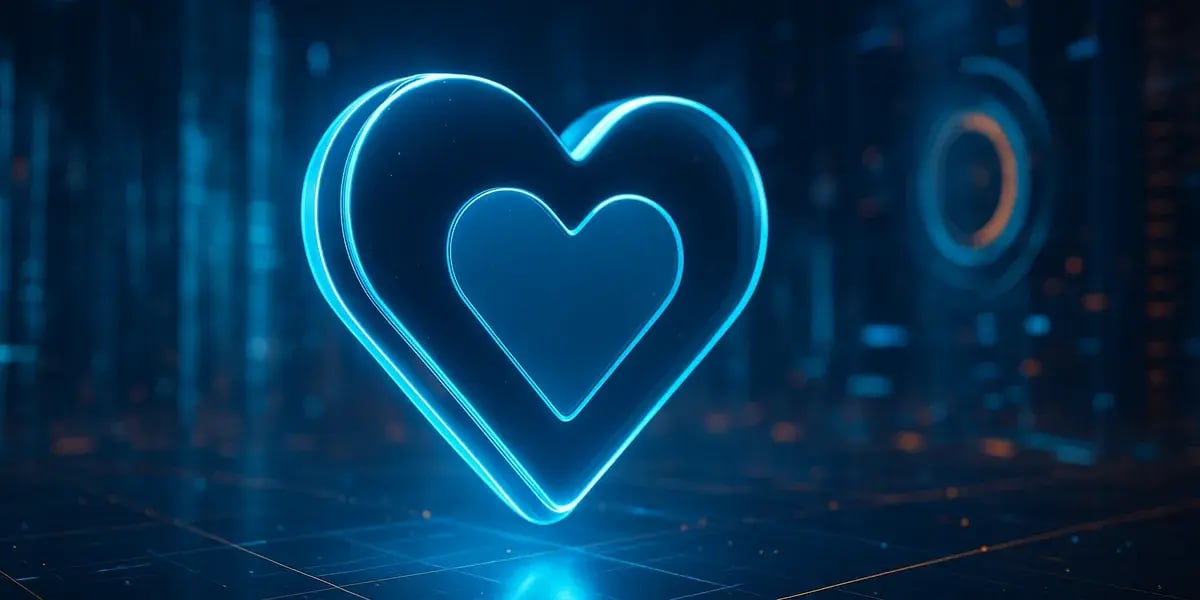 Leuchtendes Neon-Herz-Symbol in futuristischer, blau getönter Digital-Umgebung als Icon für Favoriten oder Wishlist.