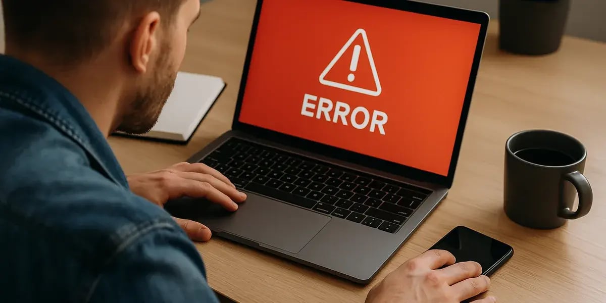 Mann am Schreibtisch blickt auf Laptop mit rotem Error-Warnsymbol auf dem Bildschirm, daneben Smartphone und Kaffeetasse.