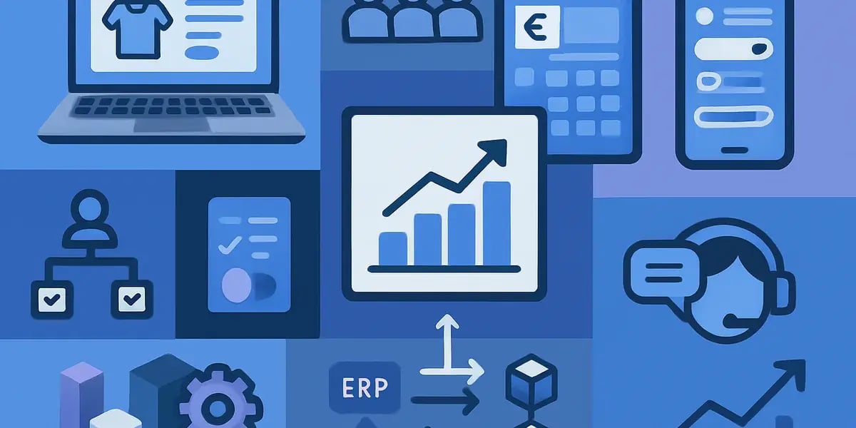 Blaues Kachel-Layout mit Icons für B2B-Shop, Analytics, ERP/CRM-Anbindung, Kundenservice und Wachstum.