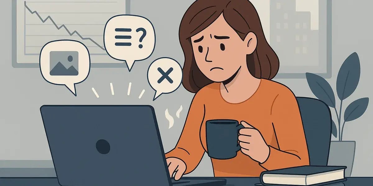 Illustration einer frustrierten Frau am Laptop mit Fehlermeldungen und sinkender Kurve im Hintergrund, hält eine Tasse Kaffee.