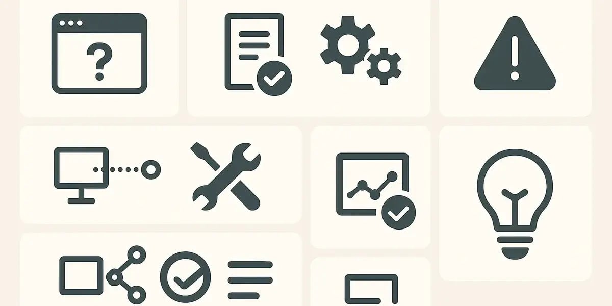 Helle Kachelgrafik mit minimalistischen Support- und Feature-Icons wie Fragezeichen, Dokument, Zahnrad, Warnsymbol und Glühbirne.