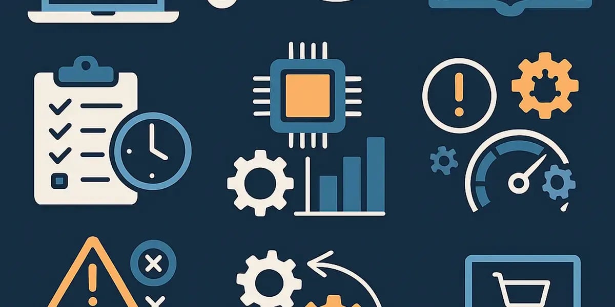 Dunkelblaues Icon-Set für Shop-Wartung und Performance mit Werkzeug, Checkliste, Chips, Zahnrädern, Warnsymbolen und Paket-/Shop-Symbolen.