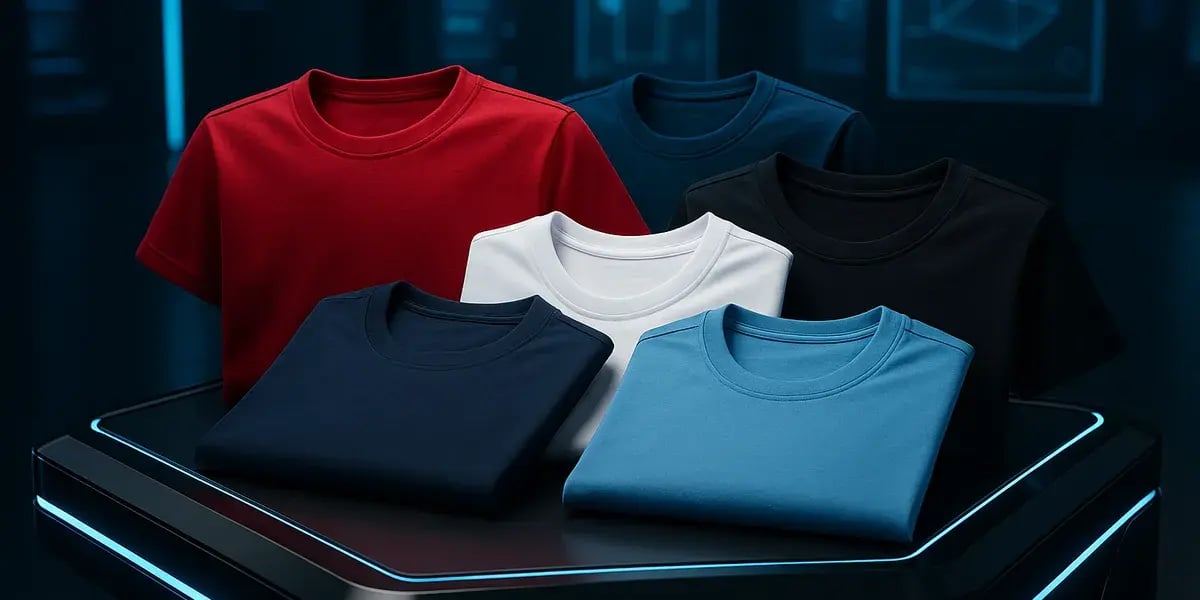 Vier T-Shirts in Blau, Grau, Weiß und Schwarz in moderner digitaler Produktpräsentation mit futuristischem Hintergrund.