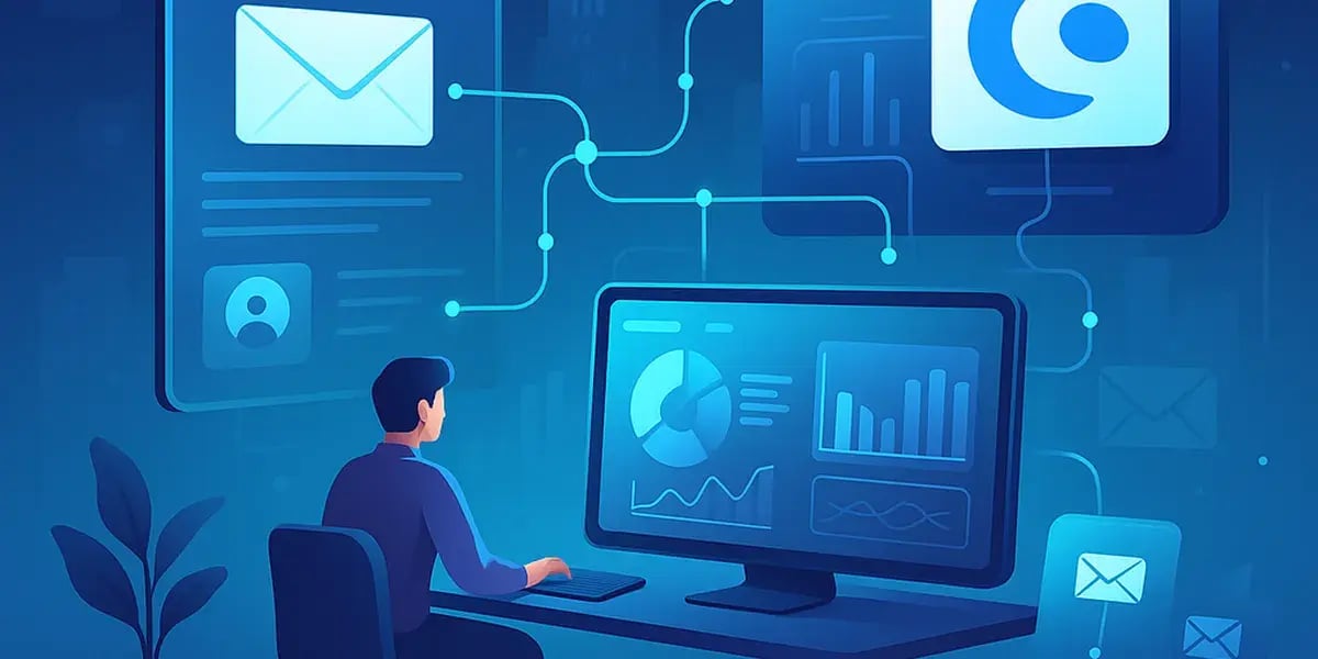 Illustration eines digitalen E-Mail-Marketing-Workflows mit vernetzten Bildschirmen, Statistiken und einem Schreibtisch im Vordergrund.