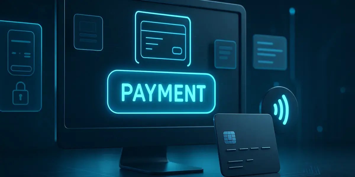Futuristische Darstellung einer Online-Zahlung mit Kreditkarte und Bildschirm mit der Aufschrift „Payment"