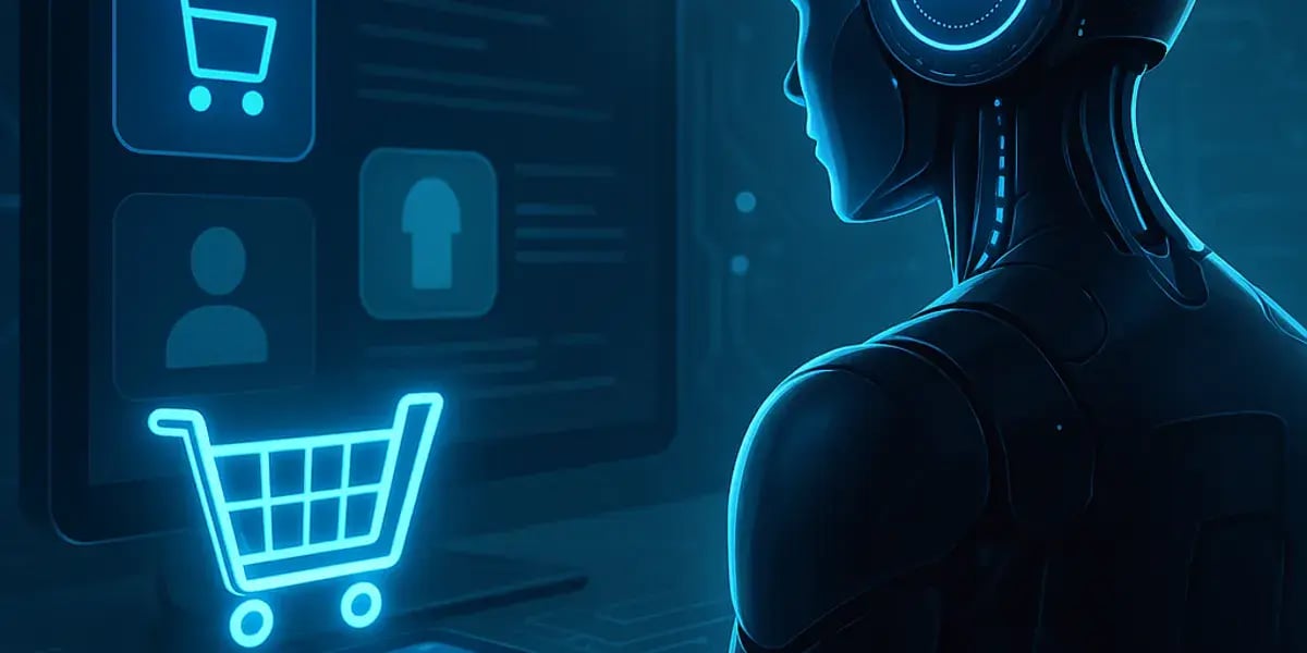 Künstliche Intelligenz in humanoider Form nutzt Computer und Tablet zur Steuerung eines digitalen Einkaufsprozesses.