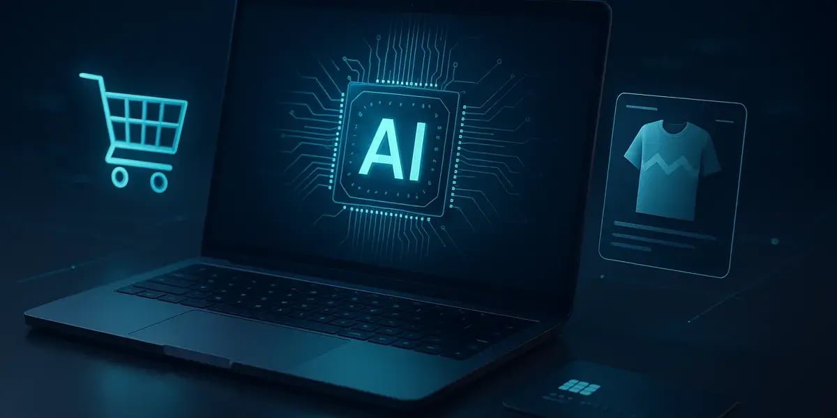 Laptop mit leuchtendem „AI“-Symbol, Einkaufswagen-Icon und digitaler Produktdarstellung – Symbolbild für KI im Onlinehandel.