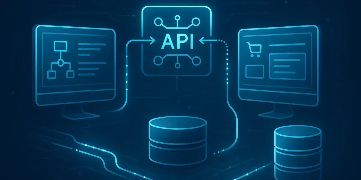 Laptop mit leuchtender API-Grafik, die Datenintegration und Kommunikation zwischen Systemen veranschaulicht.