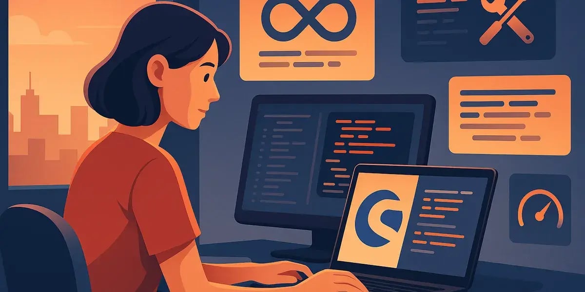 Illustration einer Frau am Laptop mit Code- und DevOps-Symbolen auf mehreren Bildschirmen bei Sonnenuntergang.