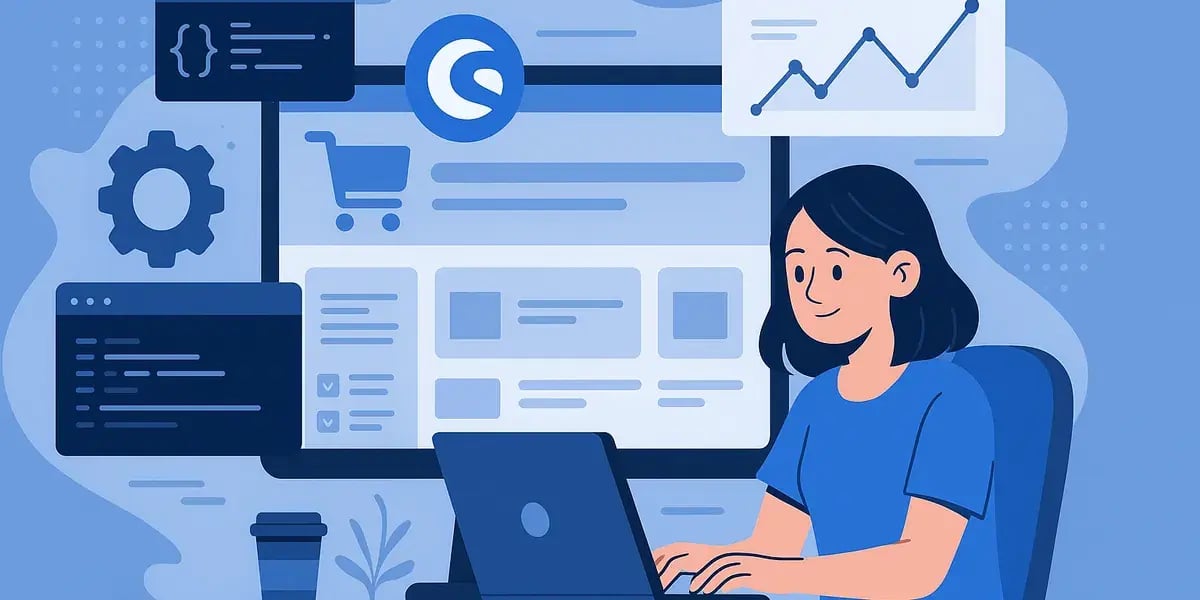 Illustration einer Entwicklerin am Laptop vor einem großen Dashboard mit Code-Fenstern, Shop-Icon und Diagramm.