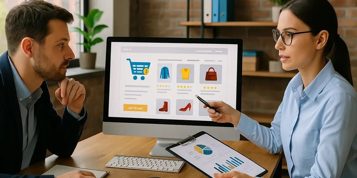 Zwei Personen im Büro besprechen eine E-Commerce-Website am Monitor, die Frau zeigt mit Stift auf Produktübersicht