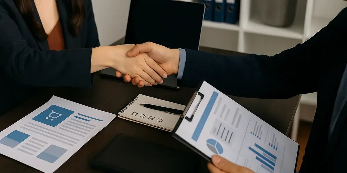 Nahaufnahme eines Handschlags über einem Schreibtisch mit Business-Unterlagen und Diagrammen, Symbol für erfolgreiche Zusammenarbeit.