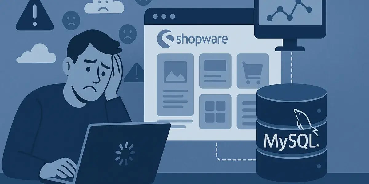 Illustration eines frustrierten Nutzers vor Shopware-Dashboard und MySQL-Datenbank, Symbol für technische Störungen im Onlineshop.