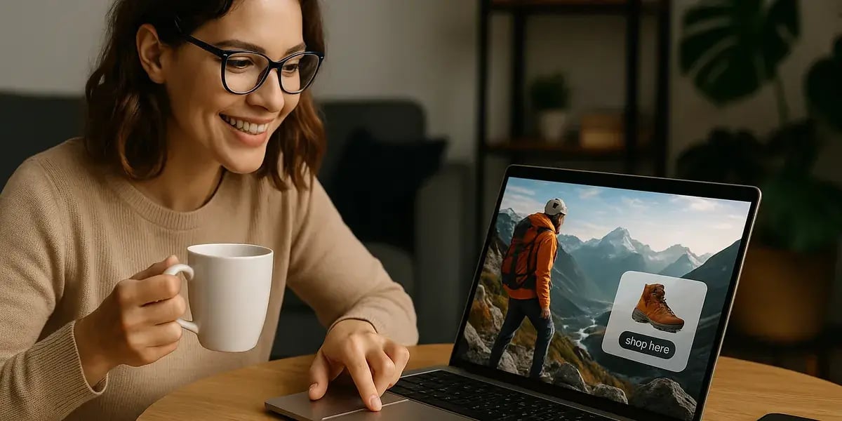 Frau mit Brille sitzt am Tisch mit Kaffee und shoppt Outdoor-Ausrüstung am Laptop, auf dem Bildschirm Berglandschaft und Wanderschuh.