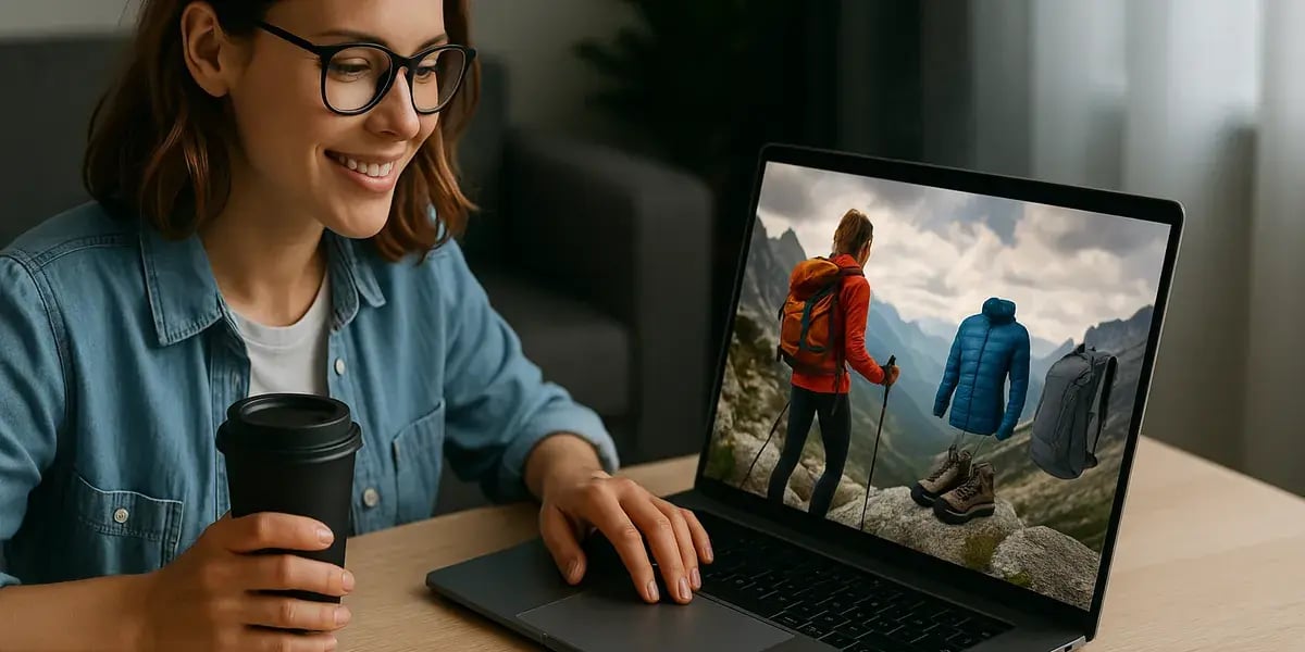 Frau mit Kaffee schaut auf Laptop mit Outdoor-Shop, angezeigt werden Wanderer in den Bergen sowie Jacke, Schuhe und Rucksack.