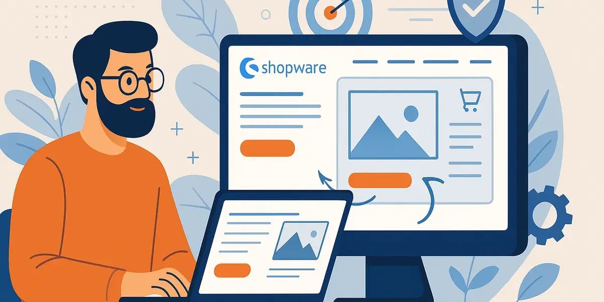 Illustration eines Mannes am Desktop mit Shopware-Backend auf dem Monitor, umgeben von Analyse- und Design-Icons.