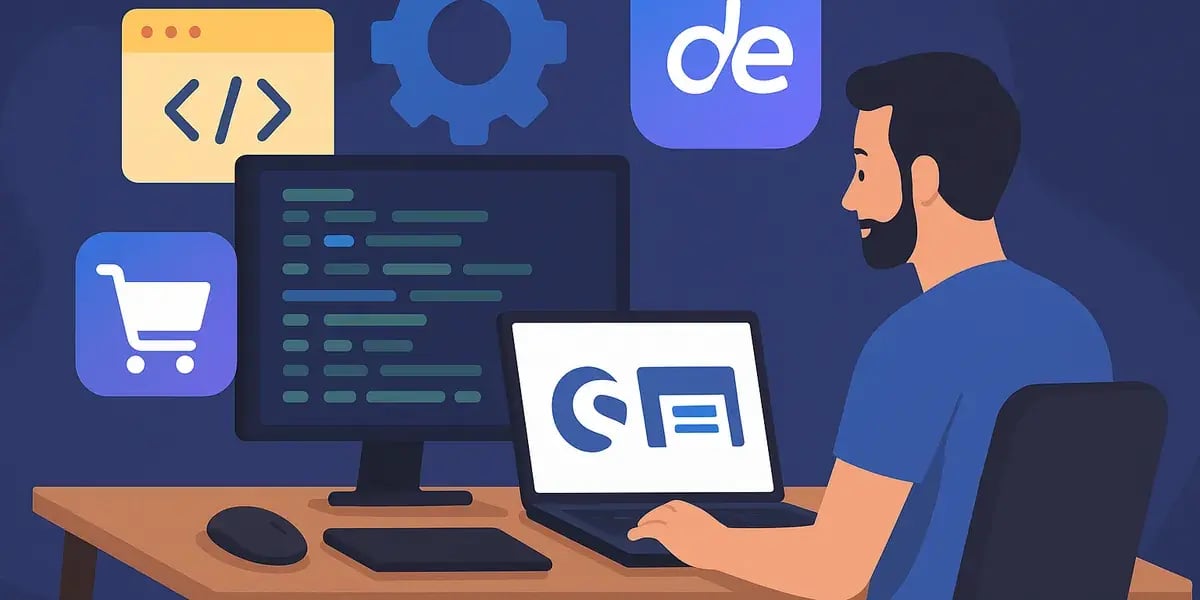 Illustration eines Entwicklers am Arbeitsplatz mit Shopware-Logo auf dem Laptop, Code am Monitor und Symbolen für E-Commerce und Entwicklung.