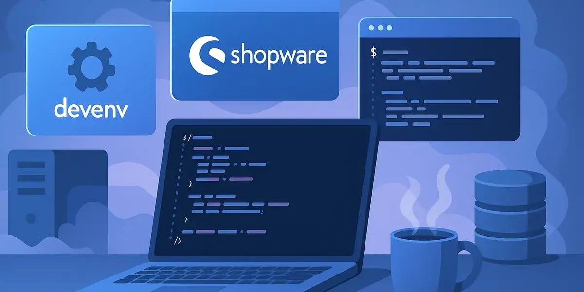 Illustration einer Shopware-Entwicklungsumgebung mit Code-Fenstern, devenv- und Shopware-Logo sowie Server- und Datenbank-Icons.