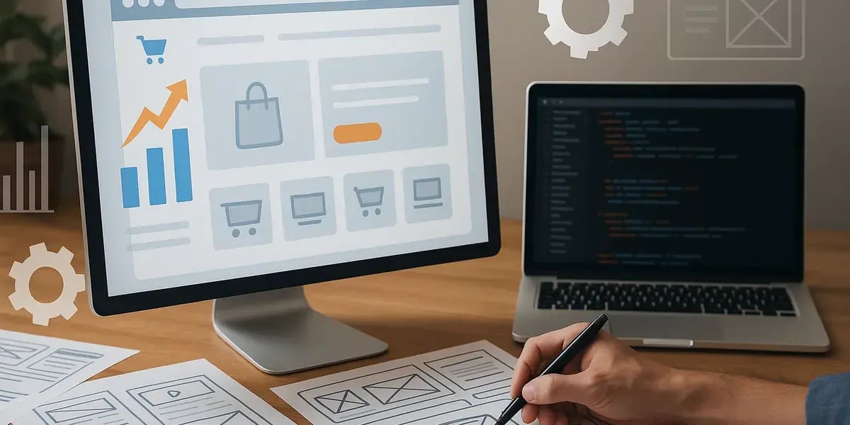 Schreibtischszene mit großem Monitor und Laptop, auf dem E-Commerce-Interface und Code zu sehen sind, dazu UI-Skizzen auf Papier.