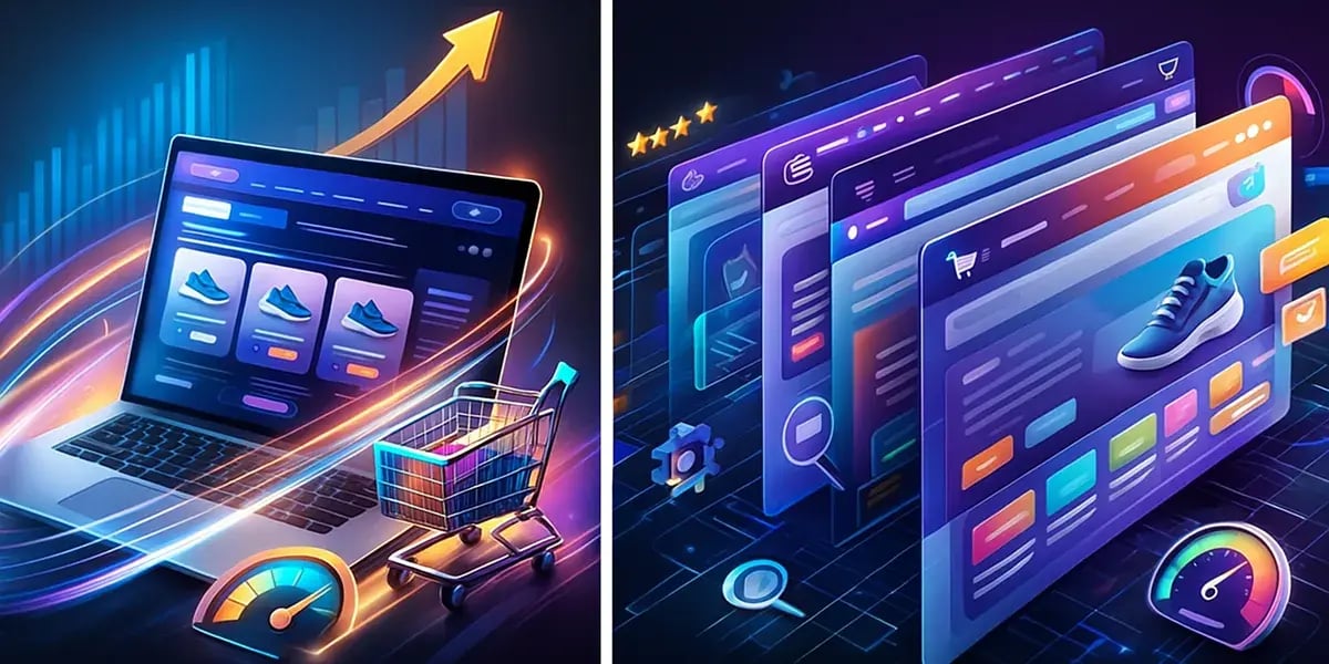 Futuristische Illustration von E-Commerce-Dashboards und Online-Shop-Performance mit Produktkarten, Einkaufswagen und steigender Umsatzkurve.