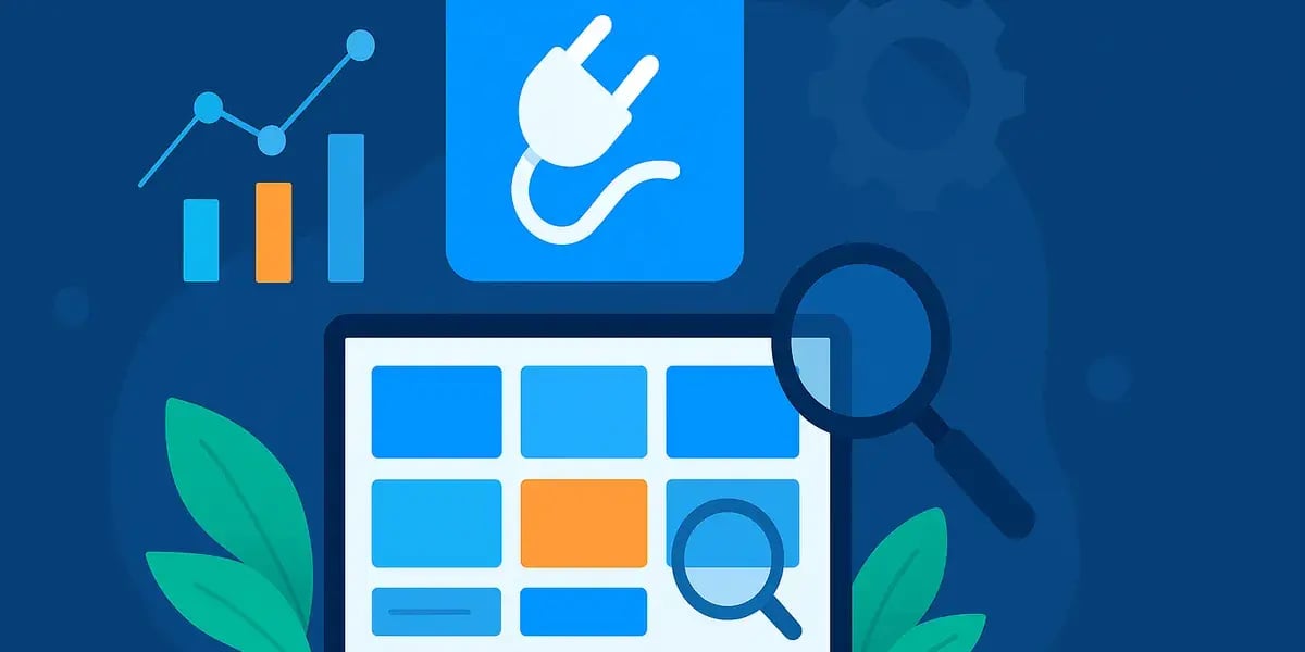 Illustration eines Online-Shop-Setups mit Stecker-Icon, Dashboard-Kacheln, Suchlupe und Wachstumsdiagramm.